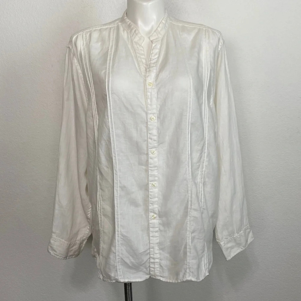 Caribbean White V-Neck Long Sleeve 100% Linen Button Front Blouse Size XL